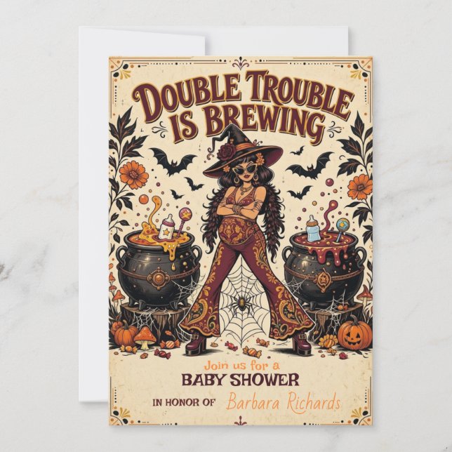 Double Trouble is Brewing Halloween Twins  Invitation (Front)