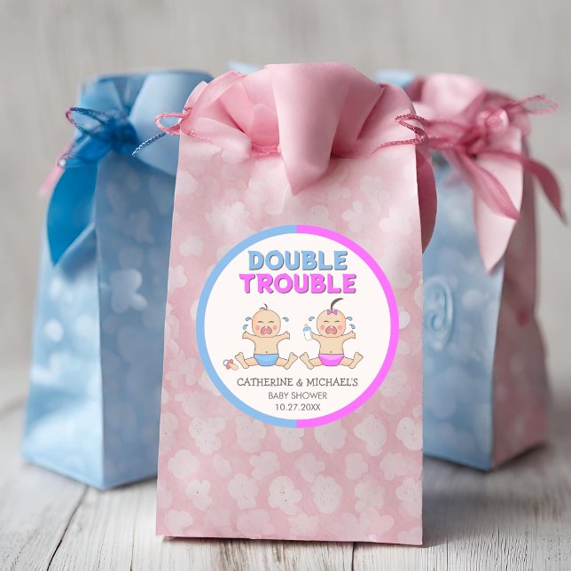 Double Trouble Twin Boy & Girl Baby Shower Classic Round Sticker (Creator Uploaded)