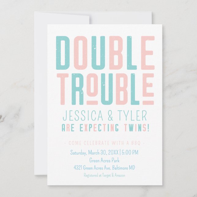 Double Trouble Twin Boy/Girl Baby Shower Invitation (Front)