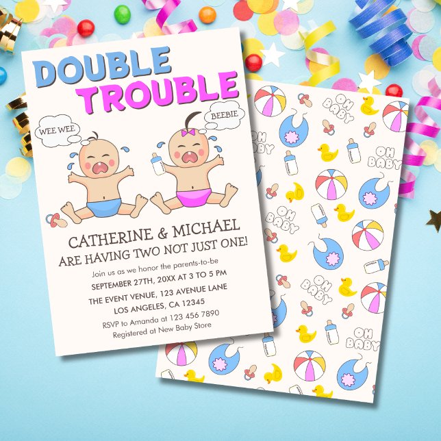Double Trouble Twin Boy & Girl Baby Shower Invitation (Creator Uploaded)