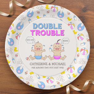 Double Trouble Twin Boy & Girl Baby Shower Paper Plate