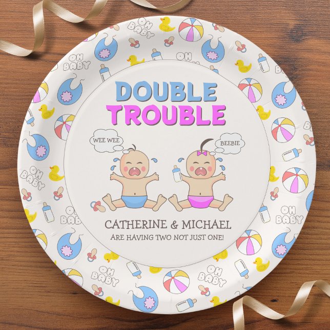 Double Trouble Twin Boy & Girl Baby Shower Paper Plate (Creator Uploaded)
