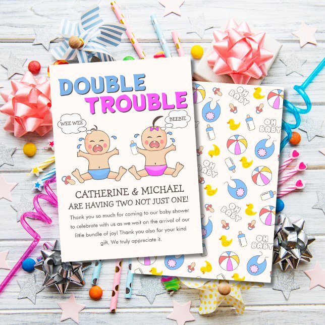 Double Trouble Twin Boy & Girl Baby Shower Thank You Card (Creator Uploaded)