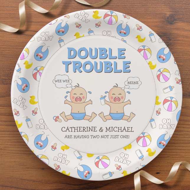 Double Trouble Twin Boys Baby Shower Paper Plate (Creator Uploaded)
