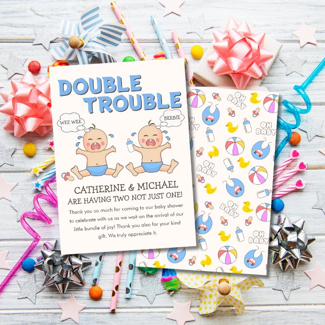 Double Trouble Twin Boys Baby Shower Thank You Card (Creator Uploaded)