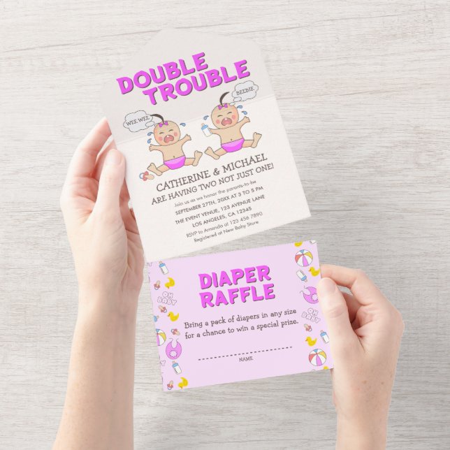 Double Trouble Twin Girls Baby Shower All In One Invitation (Tearaway)