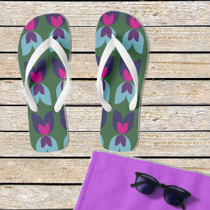 Double Tulips pattern in Green and Blue Flip Flops