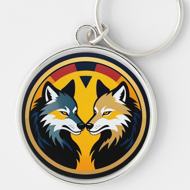 Double Wolf Emblem Logo With Golden Circle Key Ring (Front)