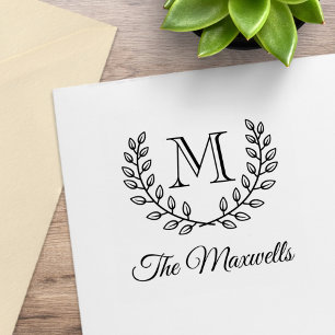 Double Wreath Monogram Initial Family Name Rubber Stamp
