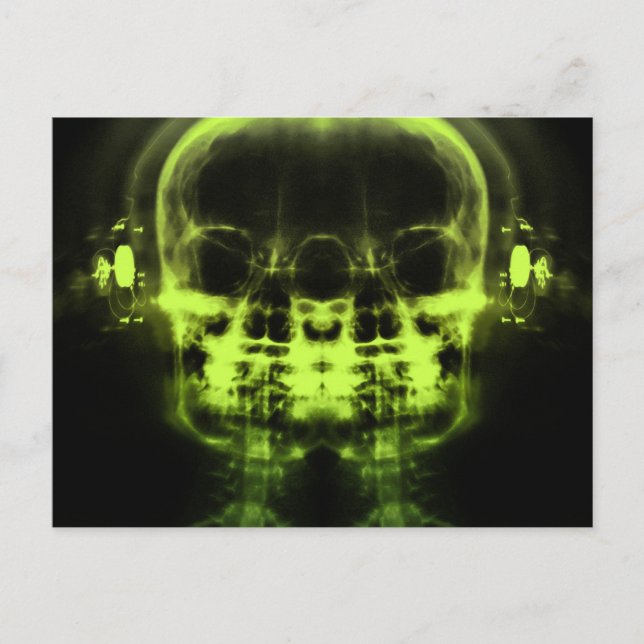 Double X-Ray Skulls with Headphones - Lime Green Postcard (Front)