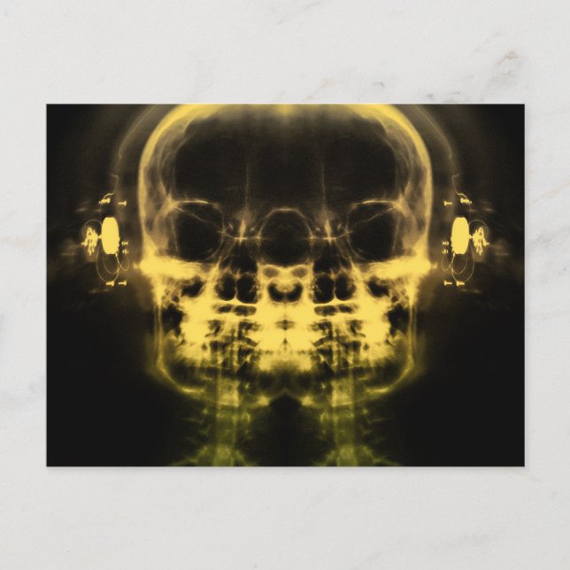 Double X-Ray Skulls with Headphones - Yellow Postcard (Front)