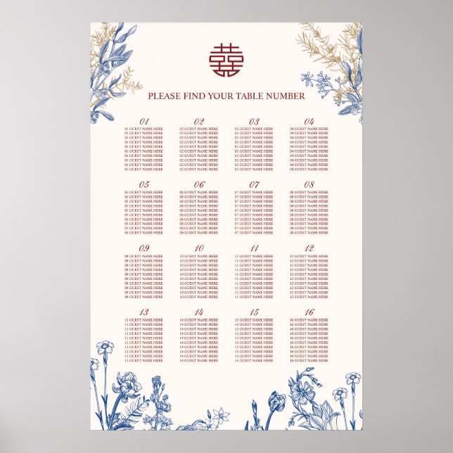 Double Xi Chinese Wedding 16 Table Seating Poster (Front)