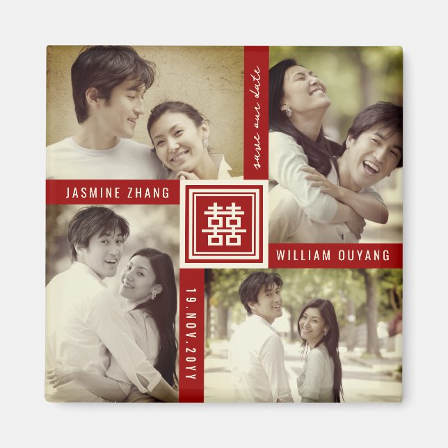 Double Xi Chinese Wedding 4 Photo Save The Date Magnet (Front)