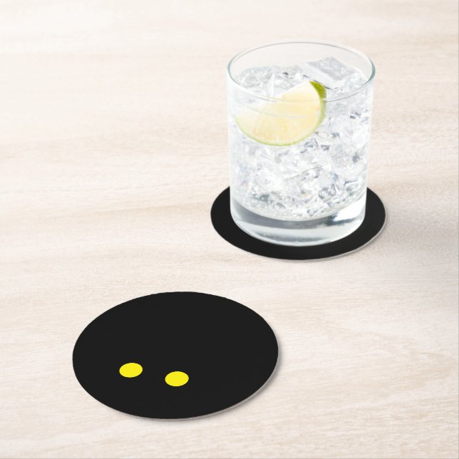Double yellow dot squash ball coasters for bar (Insitu)