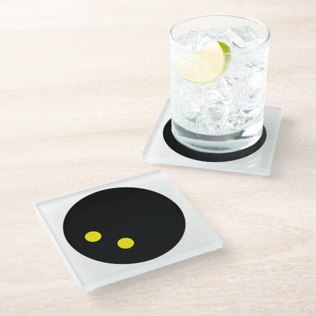 Double yellow dot squash ball square glass coaster (Angled)