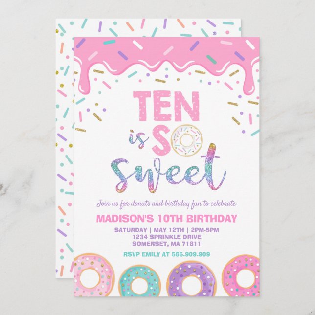 Doughnut 10th Birthday Invite Doughnut Ten Is Swee (Front/Back)