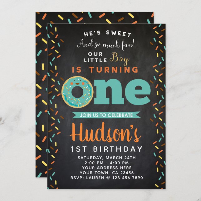 Doughnut 1st Birthday Boys Invitation Chalkboard (Front/Back)