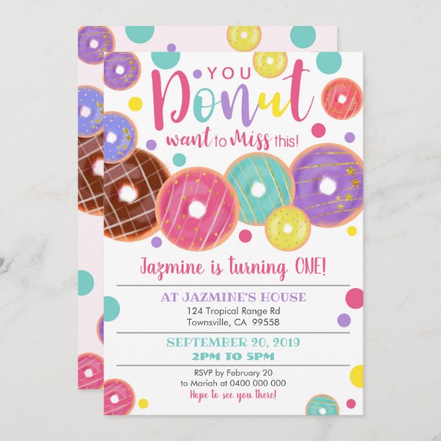 Doughnut 1st Birthday Invitation, Doughnut Miss it Invitation (Front/Back)