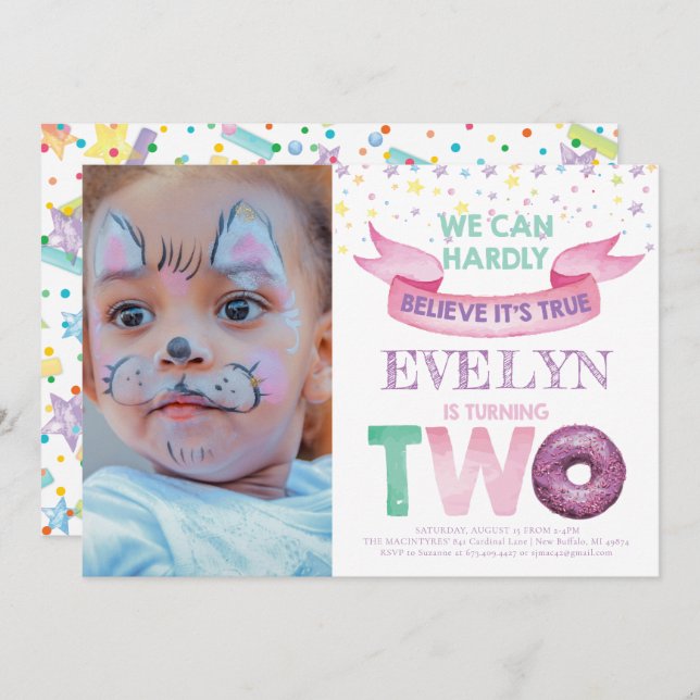 Doughnut 2nd Birthday Photo Invitation (Front/Back)
