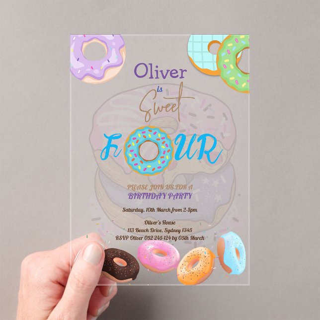 Doughnut 4th birthday boy  acrylic invitations (Insitu (Handheld))
