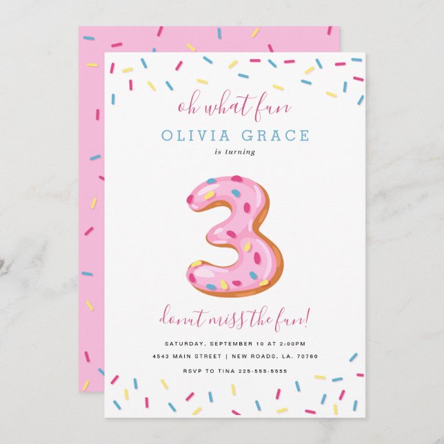 Doughnut Birthday Celebration | Three Invitation (Front/Back)