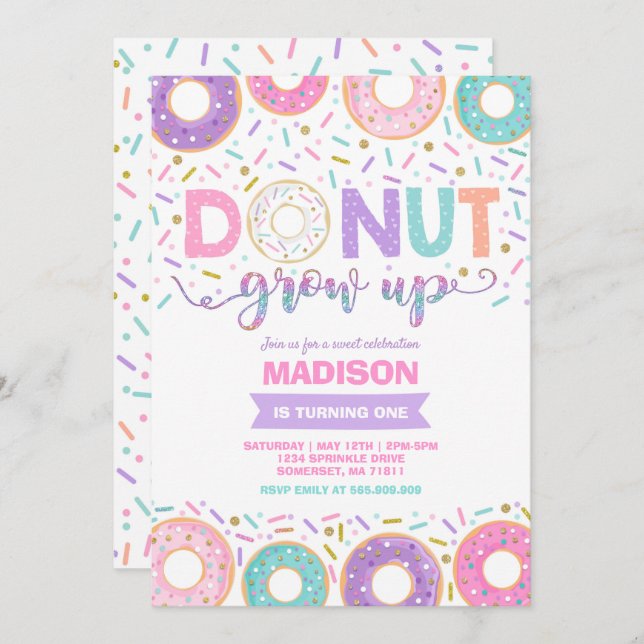 Doughnut Birthday Invitation Doughnut Grow Up Part (Front/Back)
