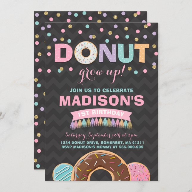 Doughnut Birthday Invitation Doughnut Grow Up Part (Front/Back)