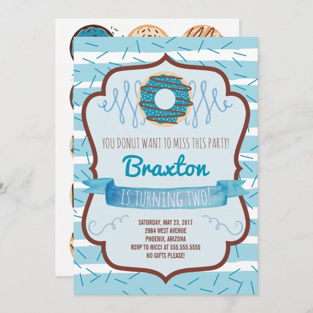Doughnut Birthday Party Invitation for a Boy (Front/Back)