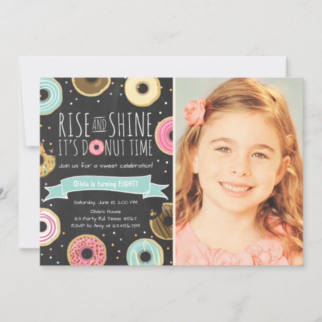 Doughnut Birthday Party Invitation Rise and Shine (Front)