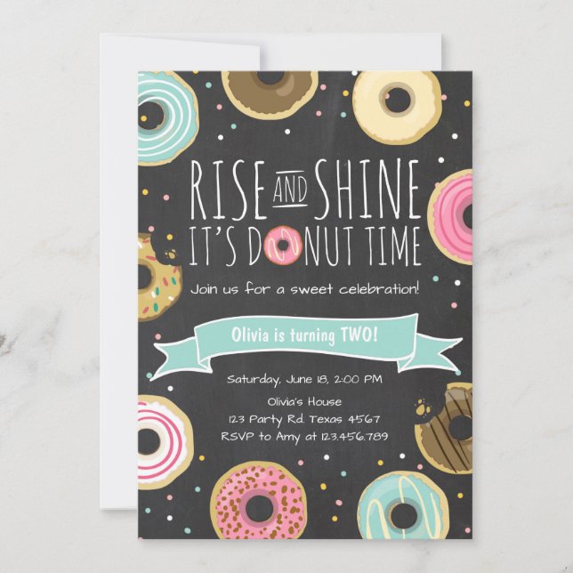 Doughnut Birthday Party Invitation Rise and Shine (Front)