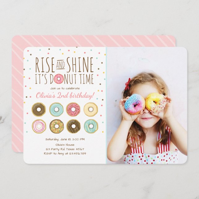 Doughnut Birthday Party Invitation Rise and Shine (Front/Back)