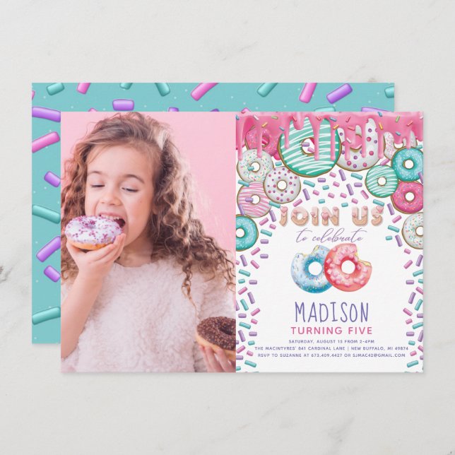 Doughnut Birthday Photo Sprinkles Colourful  Invitation (Front/Back)