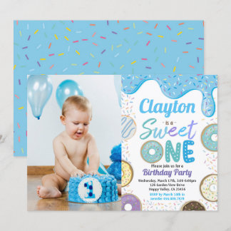 Doughnut Boy Sweet One 1st Birthday Party Blue Pho Invitation