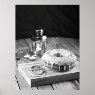 Doughnut Cake with Icing Glaze on Rustic Wooden Ta Poster