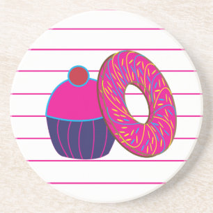 Doughnut Cupcake Pink Stripe Coaster