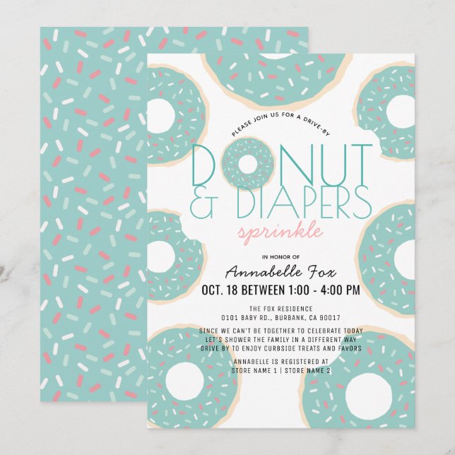 Doughnut & Diapers Sprinkle Mint Drive-by Baby Sho Invitation (Front/Back)