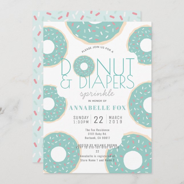 Doughnut & Diapers Sprinkle Mint Green Baby Shower Invitation (Front/Back)