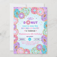 Doughnut, doughnuts, girl 6th birthday invitation.