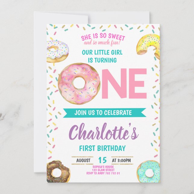 Doughnut First Birthday Girl Sweet Fun Cute Invitation (Front)
