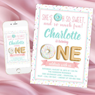 Doughnut Foil Balloon Girl First Birthday Party Invitation
