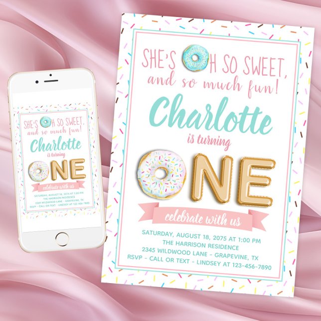 Doughnut Foil Balloon Girl First Birthday Party Invitation (Girl donut first birthday invitation with donuts and sprinkles. Digital file and printed available.)