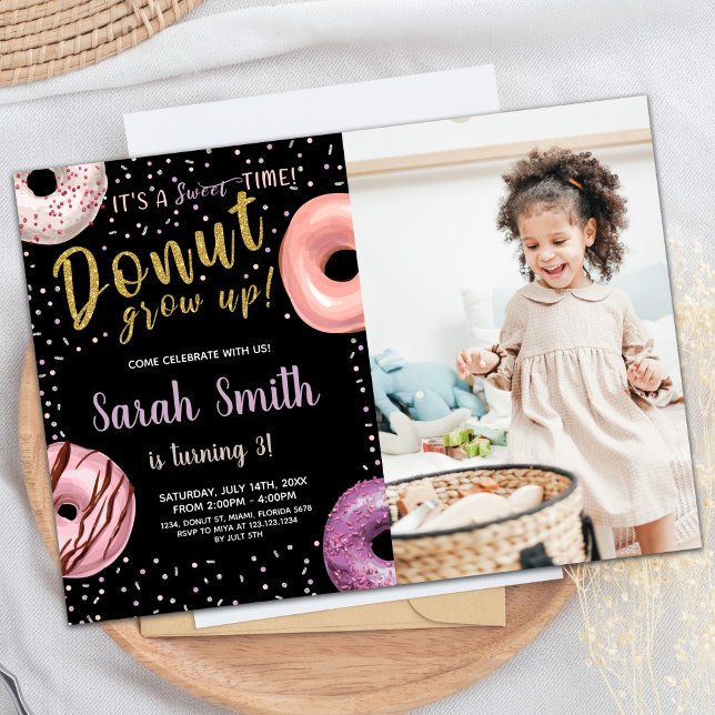 Doughnut Glitter Shadow Photo Doughnut Birthday Invitation (Donut Glitter Shadow Photo Donut Birthday Invitation)