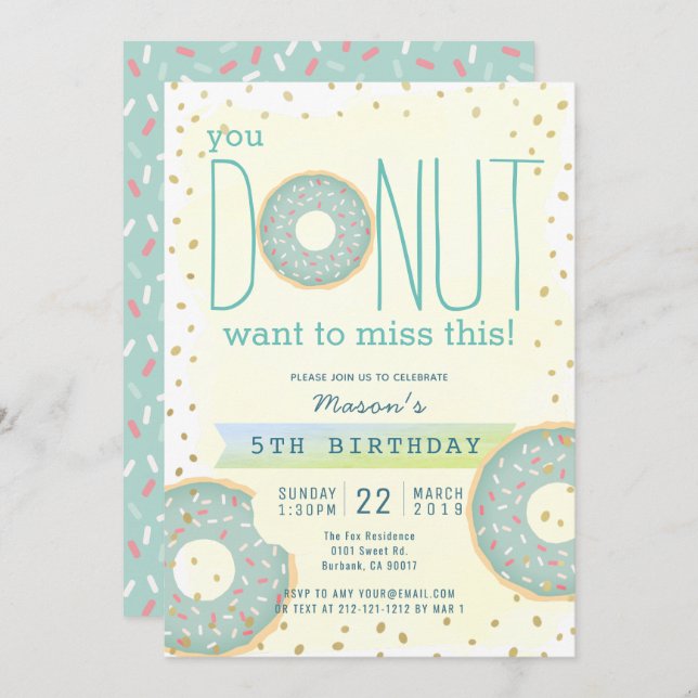 Doughnut Green x Gold Boy Birthday Invitation (Front/Back)