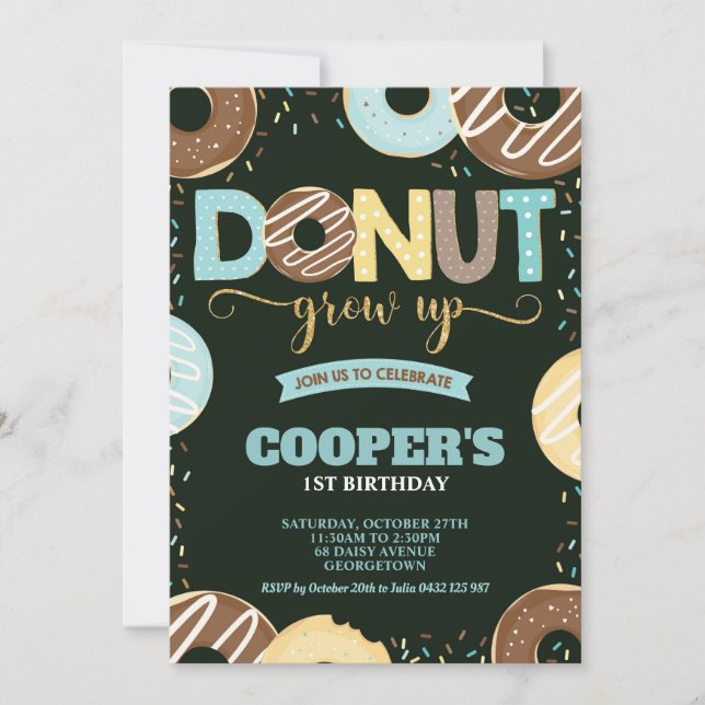 Doughnut Grow Up 1st Birthday Doughnut Party Boy Invitation (Front)