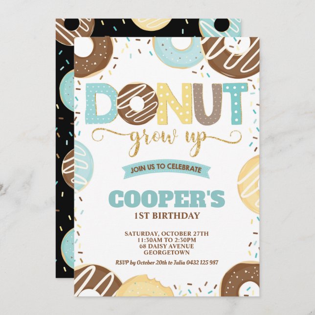 Doughnut Grow Up 1st Birthday Doughnut Party Boy Invitation (Front/Back)