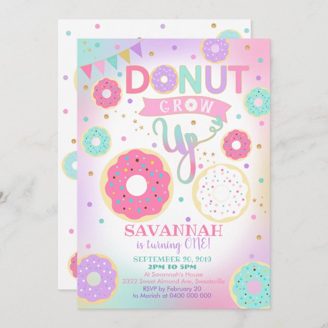 Doughnut Grow Up 1st Birthday Invitation - Girl (Front/Back)