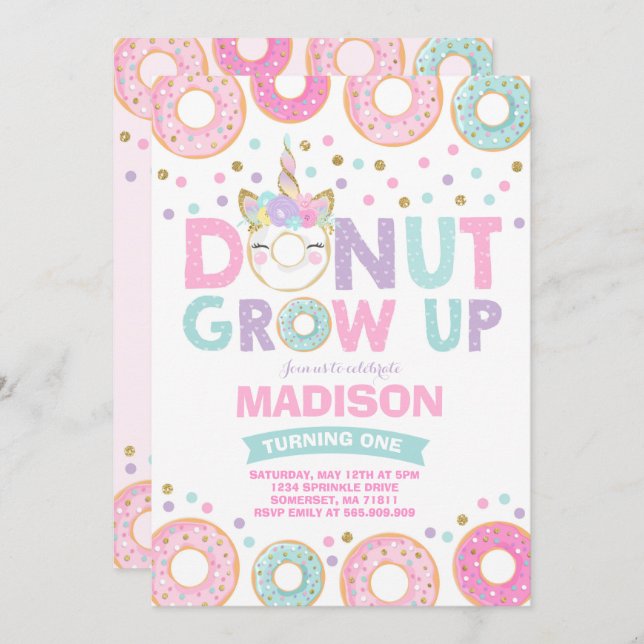 Doughnut Grow Up Birthday Invitation Doughnut & Un (Front/Back)
