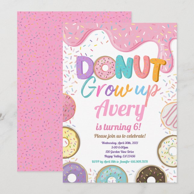 Doughnut Grow Up Birthday Party Pink Pastel Girl  Invitation (Front/Back)