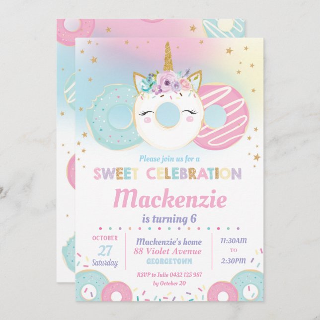 Doughnut Grow Up Birthday Party Unicorn Doughnut Invitation (Front/Back)