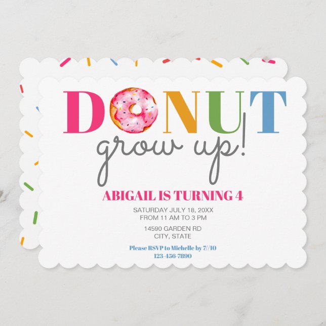 Doughnut Grow Up Cute Birthday sprinkles party kid Invitation (Front/Back)